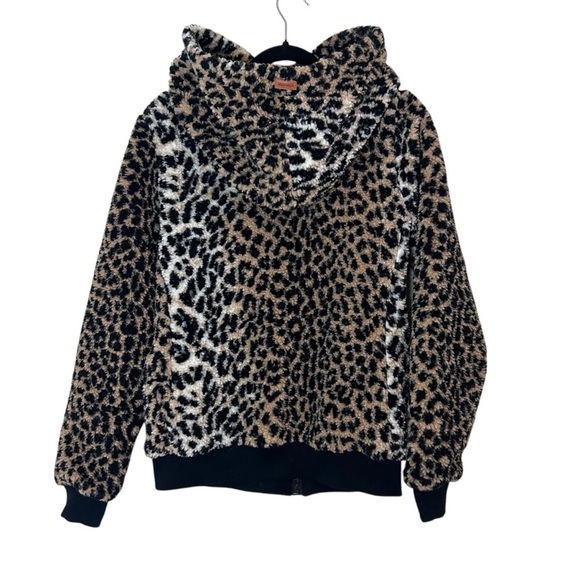 Wanakome Bliss Sherpa Leopard Print Hoodie- Cowl Neck Full Zip Hoodie- Size XS - Picture 5 of 9